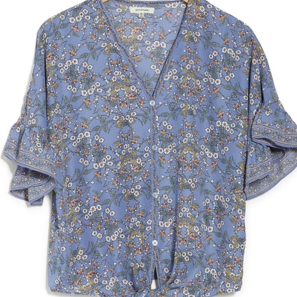 Max Studio V-Neck Short Sleeve Tie Front Top “Denim Small Winding Floral” - Picture 3 of 3
